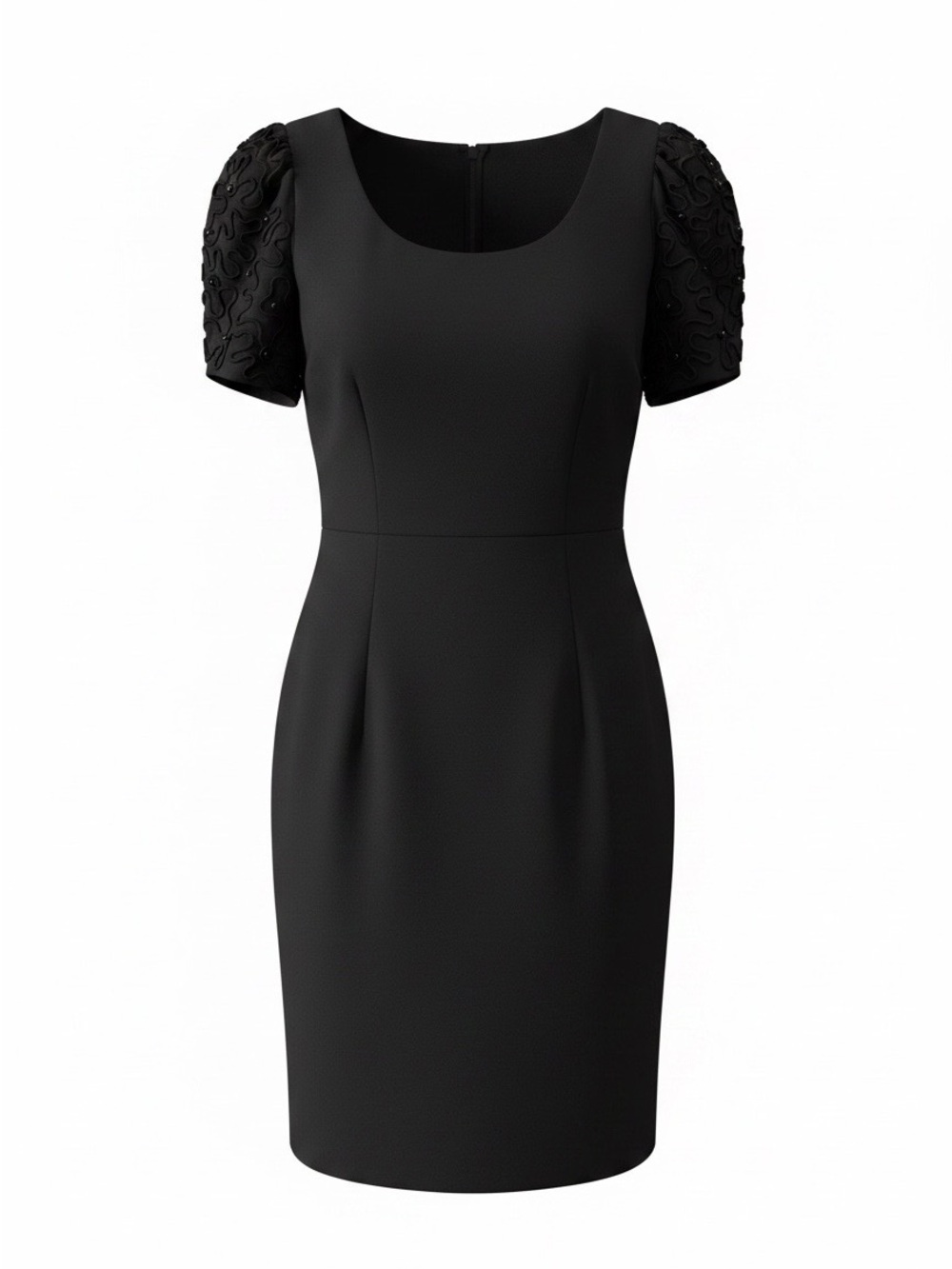 Donna Morgan Black Scoop-Neck Midi Dress with Embroidered Puff Sleeves